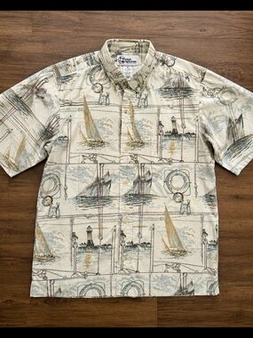 Vintage Reyn Spooner Hawaiian Shirt Men's M Nautical Harbor Lighthouse Sailboats